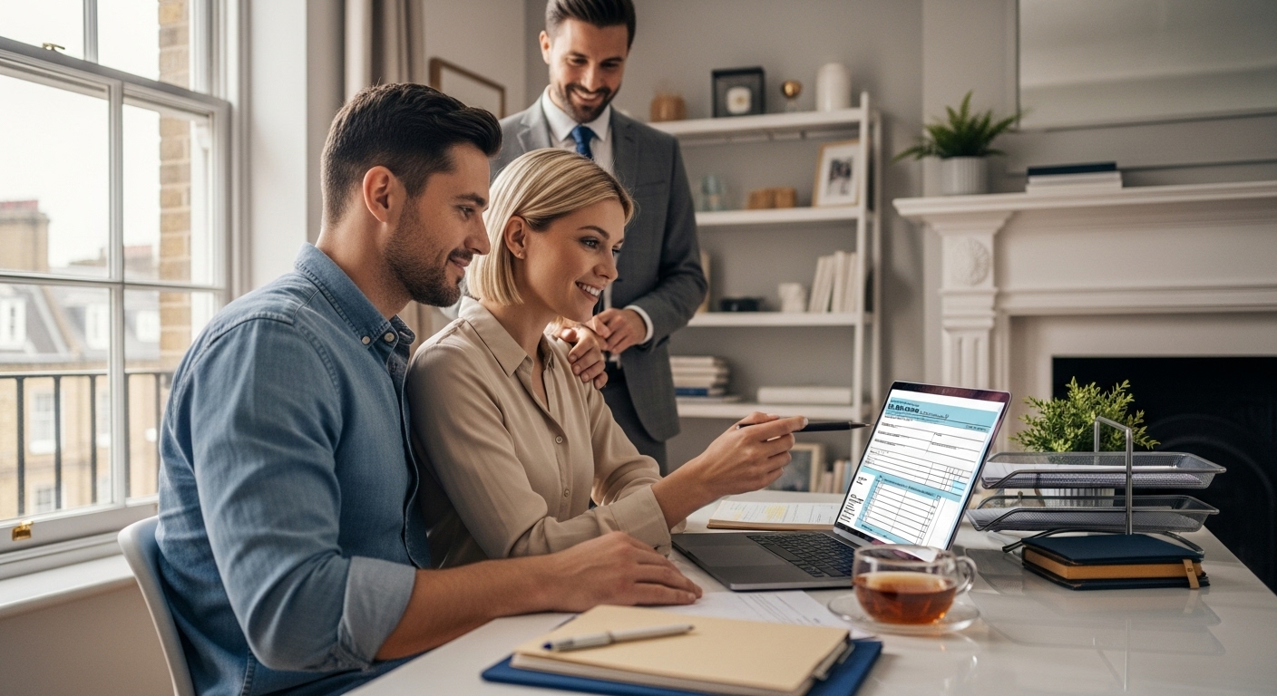 A detailed, photorealistic image of a US expat couple in London, looking confidently at a laptop screen displaying a simplified tax form, with a financial advisor smiling reassuringly in the background. The scene is bright and professional, conveying a sense of relief and clarity.