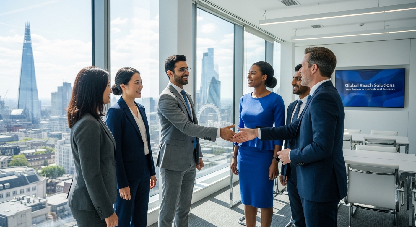 A diverse group of international business professionals smiling and shaking hands warmly in a modern, bright office overlooking the iconic London skyline, symbolizing successful global collaboration and the ease of setting up a business.