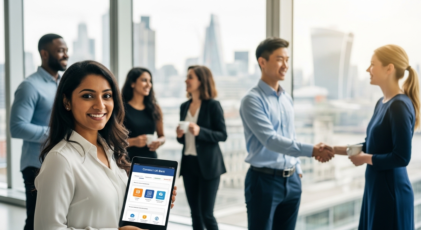 A diverse group of smiling expats, one holding a tablet showing a mobile banking app, another confidently shaking hands, with London's skyline faintly visible in the background, conveying ease and connectivity of UK business for international entrepreneurs.