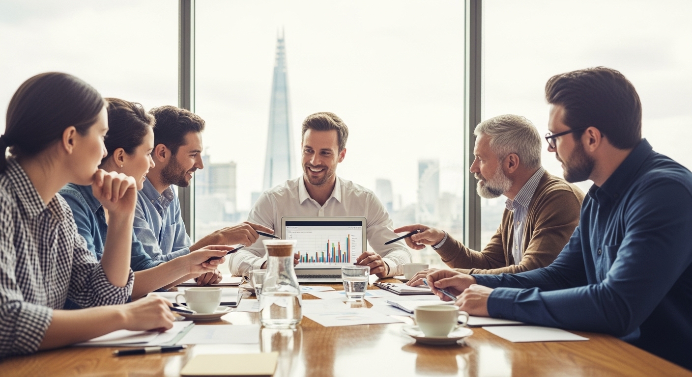 A detailed, photorealistic image of a diverse group of expats, appearing confident and relaxed, gathered around a table with a friendly, professional financial advisor. They are looking at documents and a laptop, with a backdrop of iconic London landmarks softly blurred in the background. The mood is one of clarity and reassurance, with natural lighting.