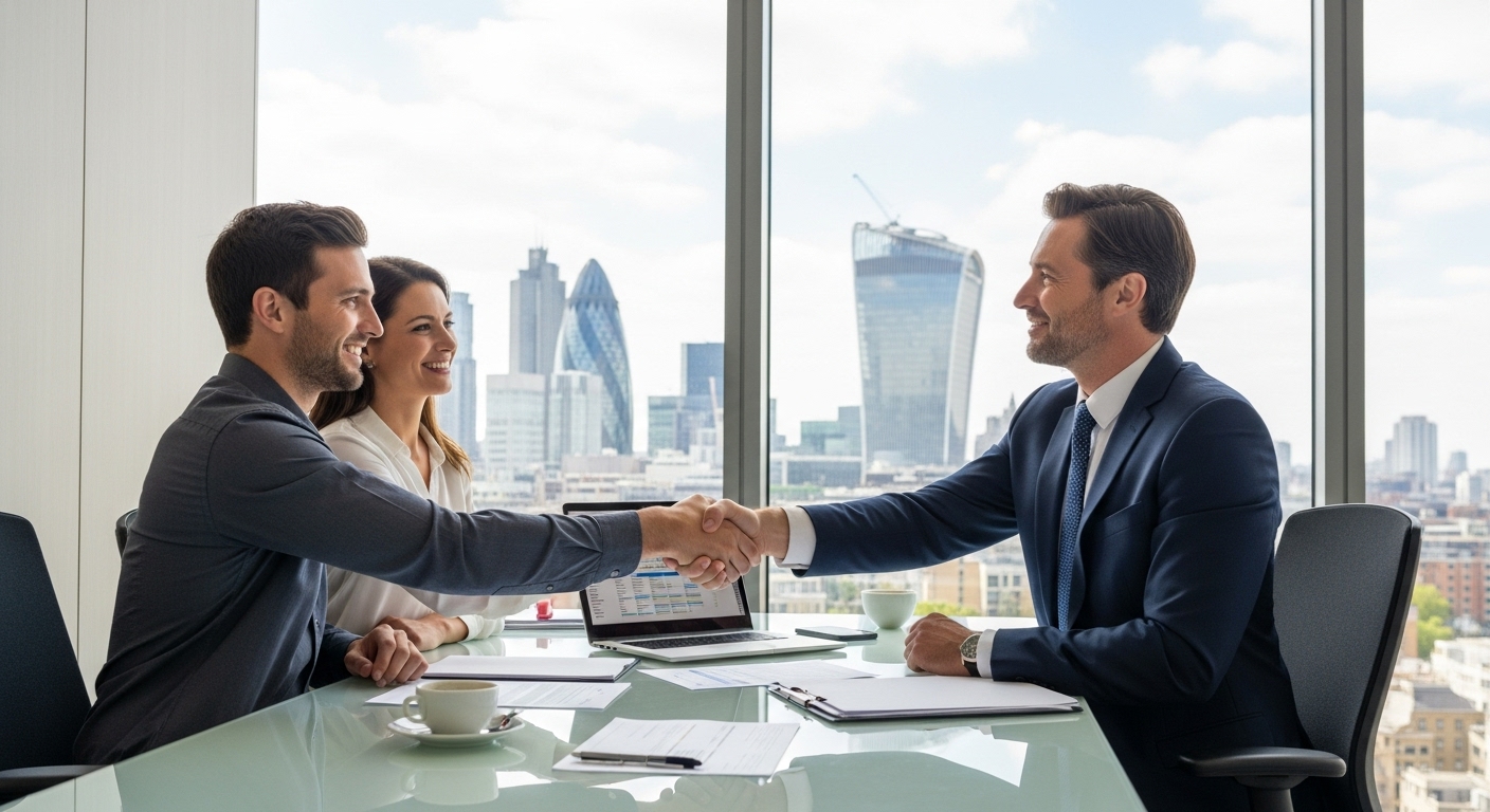 A detailed, photorealistic image of a relieved expat couple shaking hands with a professional UK accountant in a modern, brightly lit office, with UK financial district buildings visible through a large window in the background.