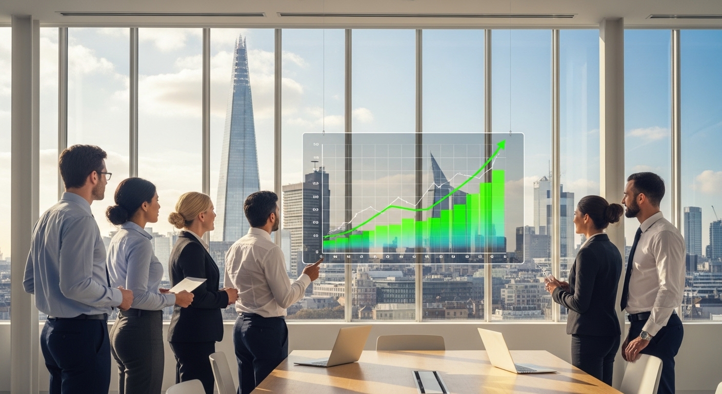 A diverse group of business professionals in a modern, light-filled office space in London, looking confidently at a projection of a growing financial graph. The Shard and other iconic London buildings are visible through the large windows, emphasizing a global business hub.