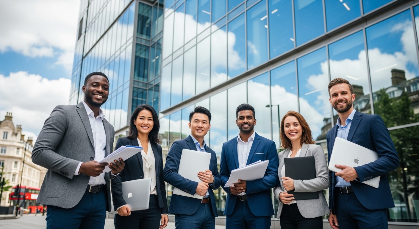 A diverse group of expat entrepreneurs, smiling confidently, standing in front of a modern, glass-fronted office building in London, holding business documents and laptops. The scene is brightly lit, showcasing an optimistic and professional atmosphere.