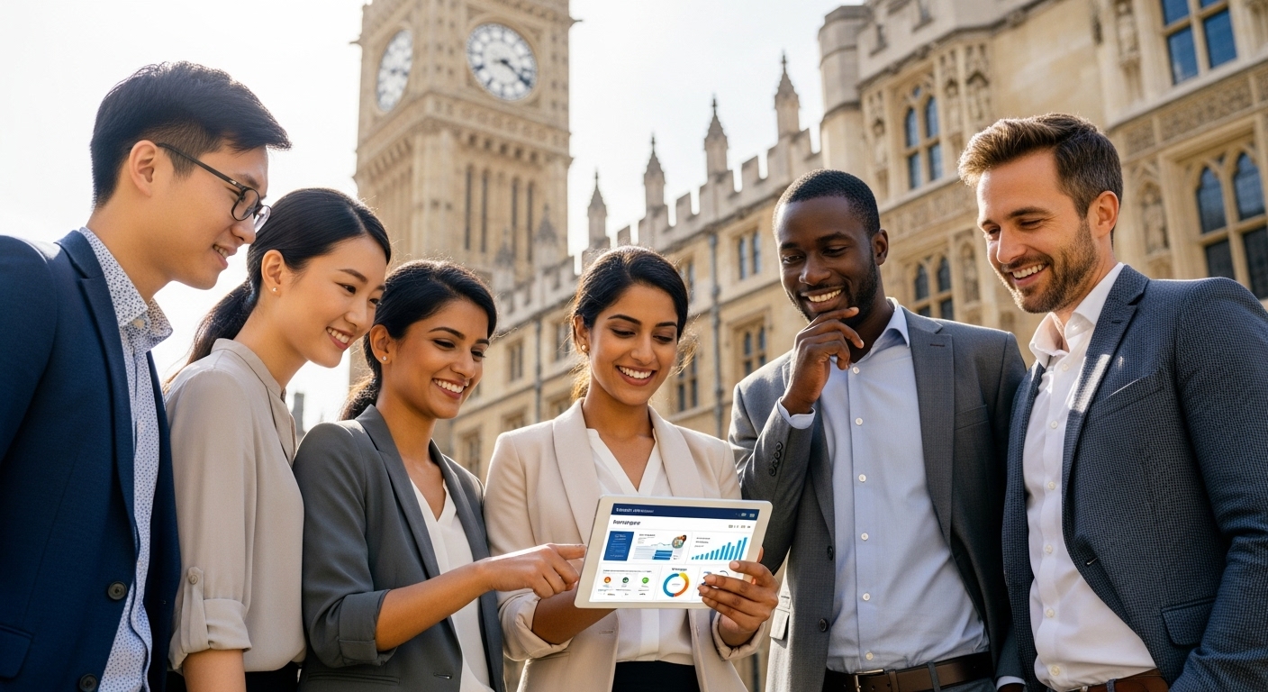 A diverse group of smiling expats from different backgrounds, standing confidently in front of a majestic, historic British building, looking at a digital tablet displaying mortgage options. The scene is bright and optimistic, conveying a sense of achievement and future planning.