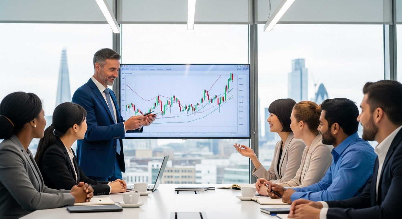 A diverse group of expats, looking confident and relieved, gathered around a table with a financial advisor in a modern, well-lit office in London. The advisor is pointing to a chart on a screen, and everyone is smiling, conveying a sense of financial clarity and security. The London skyline is subtly visible through a window.