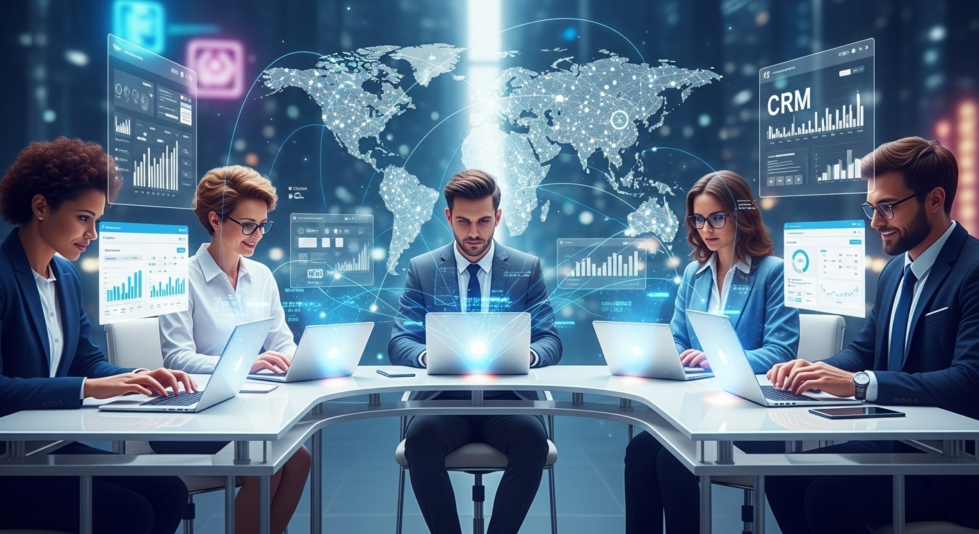 A diverse group of expat entrepreneurs from various countries collaborating remotely on laptops and tablets, with global map overlays, illustrating seamless international business operations facilitated by cutting-edge CRM software, presented in a vibrant, futuristic style.