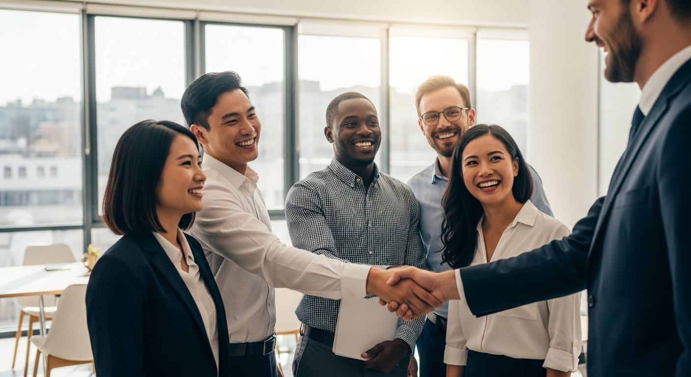 A diverse group of entrepreneurs, a mix of men and women from various ethnic backgrounds, smiling and shaking hands with an official-looking person in a modern, light-filled office space, symbolizing successful grant acquisition and collaboration.