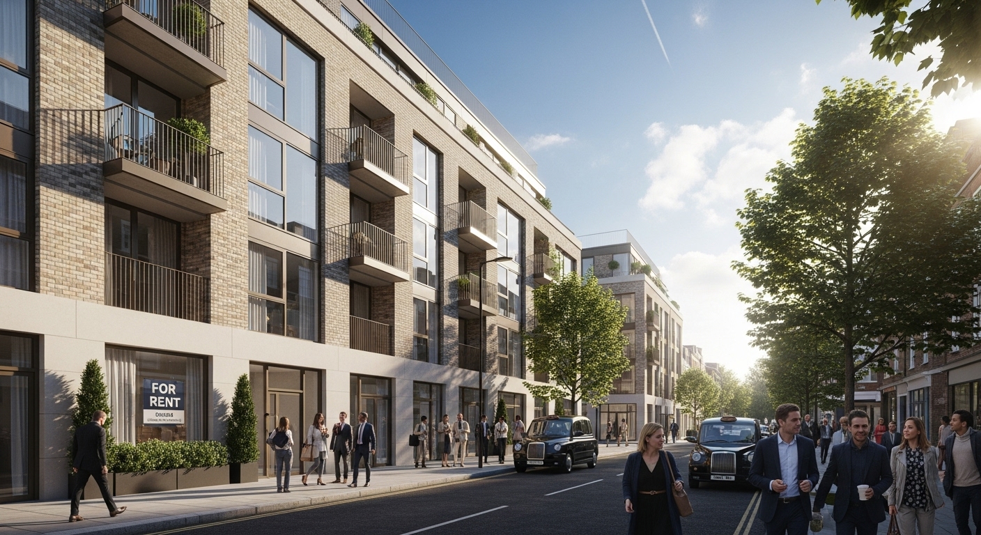 A photorealistic, wide-angle shot of a modern, inviting residential building in a vibrant UK city, with a 'for rent' sign subtly visible. The scene should convey prosperity and stability, with diverse people walking by and a clear blue sky.