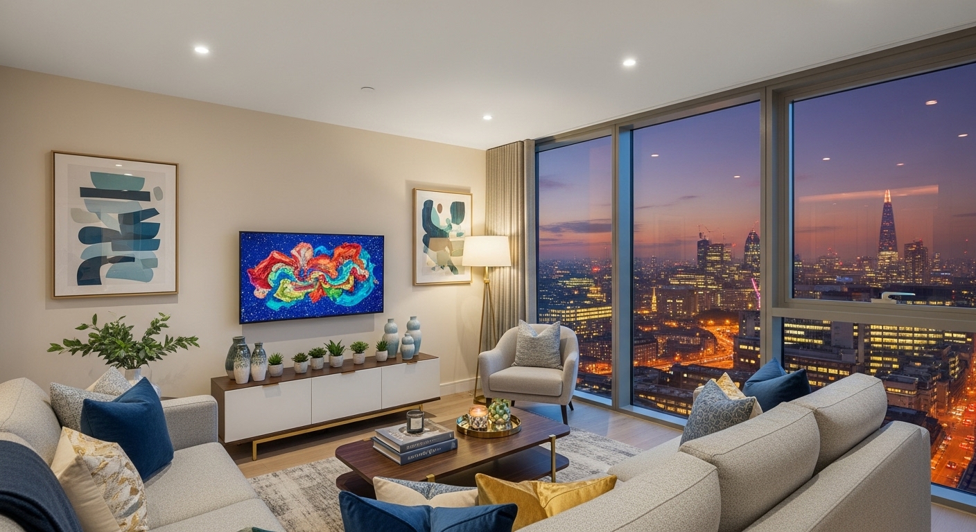 A wide-angle, photorealistic shot of a modern, stylish apartment living room with large windows overlooking a vibrant London cityscape at dusk, exuding comfort and investment potential.