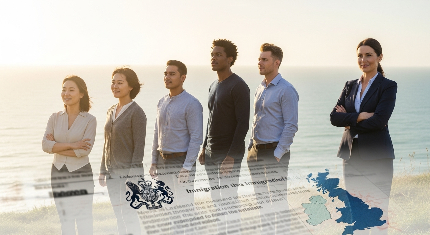 A detailed and photorealistic image of a diverse group of expats looking confidently at a bright horizon, with a subtle overlay of a legal document or a map of the UK, symbolizing successful navigation of immigration challenges. A professional, reassuring lawyer stands subtly in the background, offering guidance.